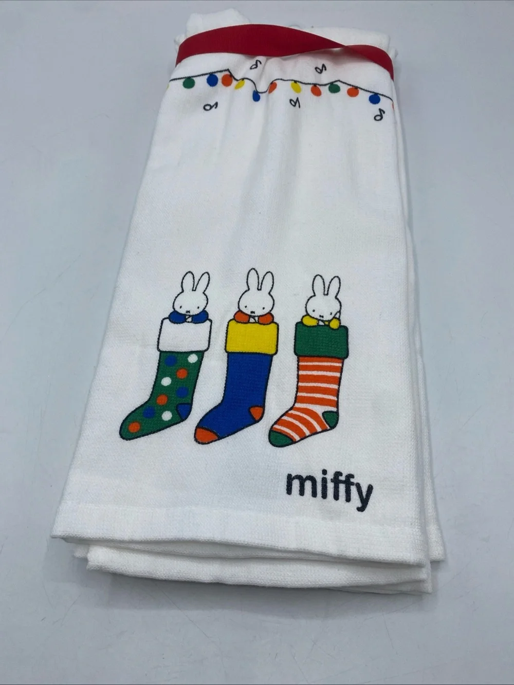 Miffy by Magenta Set of 2 Holiday Cotton Dishtowels Stocking Christmas Lights